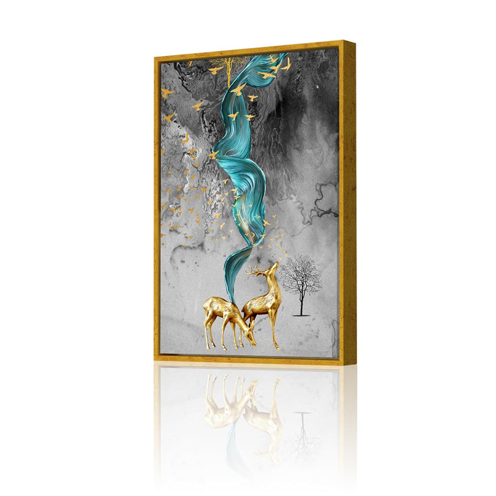 Colorful Mother & Child Deer in the Forest Framed Decorative Wall Art, Framed Canvas Painting (Size:23x35 Inch)