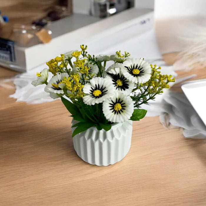 Art Street Ceremic Flower Vase with Artificial Flowers, White Daisy Bunch Silk Flowers in Pot for Home, Table, Window, Living Room, Bedroom, Office (White, Size: 3.2x8 Inch)