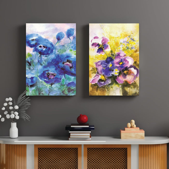 Art Street Stretched Canvas Painting Purple Water colored Flower for Living Room Decoration (Set of 2, Size: 16x22 Inch)