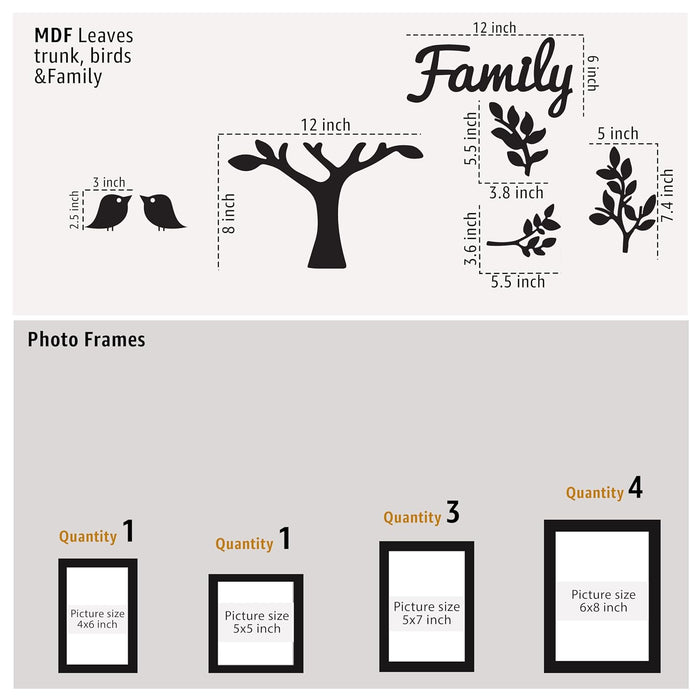 Family Tree Wall Photo Frame Set Pack of 9 with 10 MDF Cutouts for Home Decoration Wall Hanging Photo Frame Collage for Living Room Bedroom