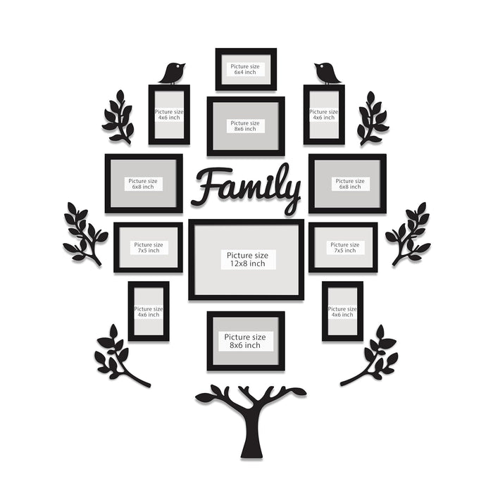 Botanical Wall Decor Photo Frame Set of 11 | 7 Square Black Picture Frames with 4 MDF Leaf Cutouts | Nature-Inspired Gallery Wall for Living Room & Home Decoration