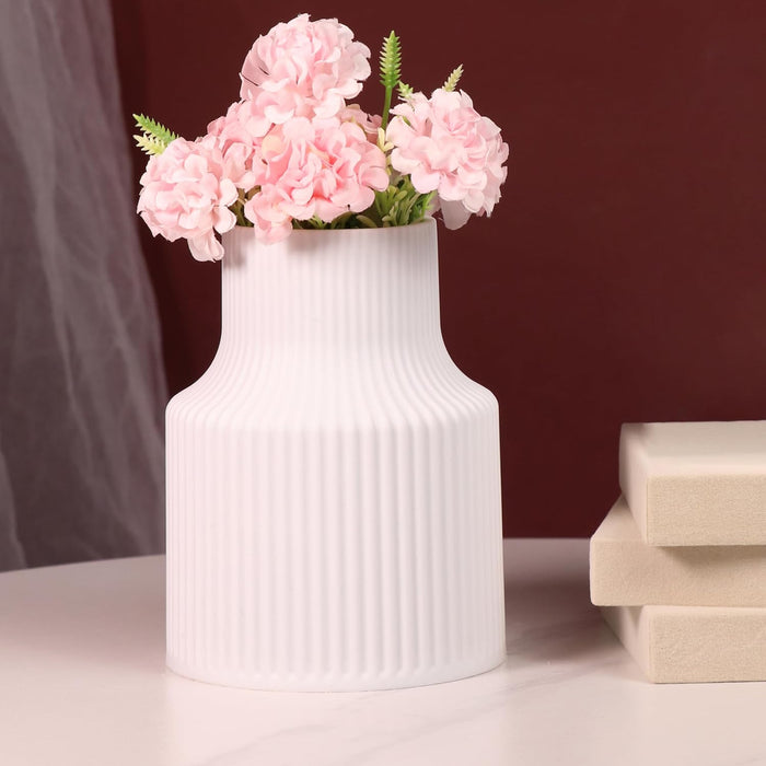 Beautiful Flower Vases, PVC Pot for Plants Stand Elegant Ribbed Texture White Vase Pot, Made of Durable Plastic PVC Height - 15 cm
