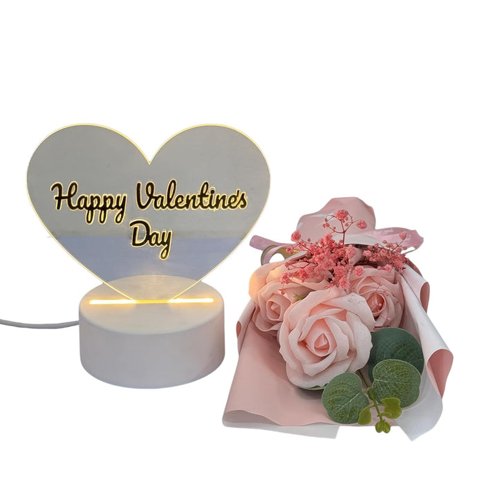 Happy Valentine Day Table Lamp Gift Combo Pack for Wife, Husband, Couples, with Pink Roses, Showpiece for Her, Girlfriend, Boyfriend