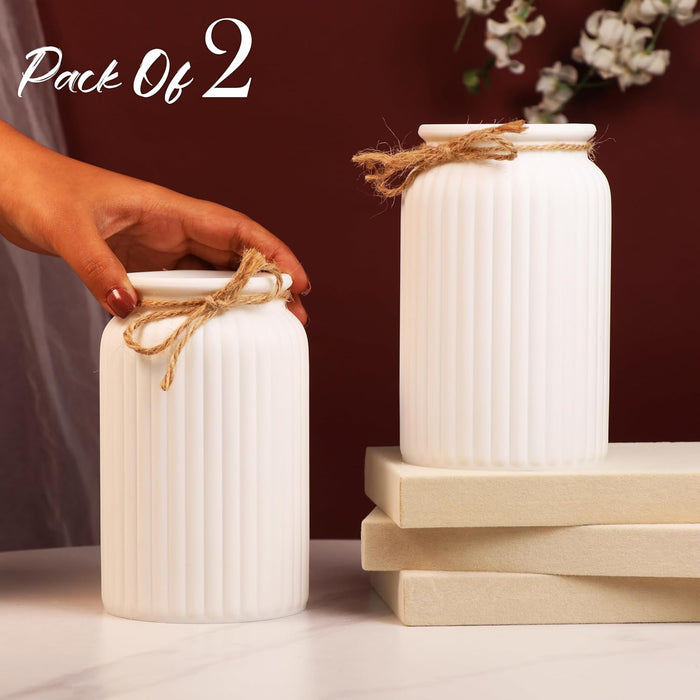 Beautiful Flower Vases PVC Pot for Plants Stand Elegant Ribbed Texture White Vase Made of Durable Plastic PVC Height - 15 cm