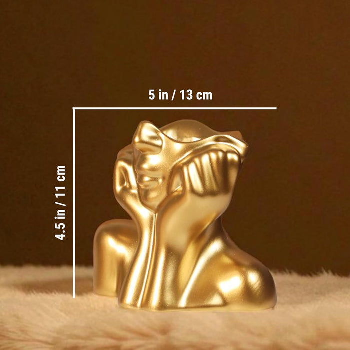 Golden Resin Face Flower Vase Handmade Human Face Shaped Pot Decorative Showpiece – 11x13 cm