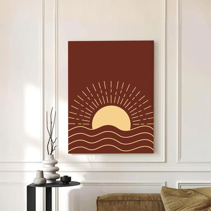 Abstract Dark Brown Sun Rise Stretched Canvas Wall Art Modern Boho Illustration Painting for Home & Office Wall Decor, (16x22 Inch)