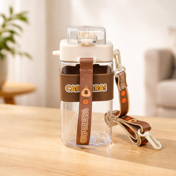 Art Street Water Bottle for Kids – 550ML Square Sipper with 3D Silicone Charm, Adjustable Shoulder Strap, Leak-Proof & BPA-Free Portable Travel Bottle for School & Outdoors (Brown, 7x3)