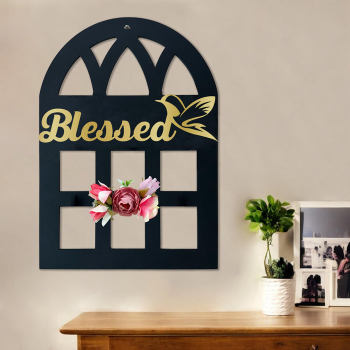 MDF Cutout in Window style with Golden Acrylic Plaque & Peony Artificial Flower for home décor (Size - 12x16 Inch)