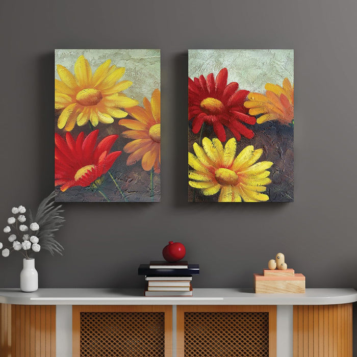 Art Street Floral Stretched Canvas Painting Sunflower Wall Decoration Print For Living Room Decoration (Set of 2, Size: 16x22 Inch)