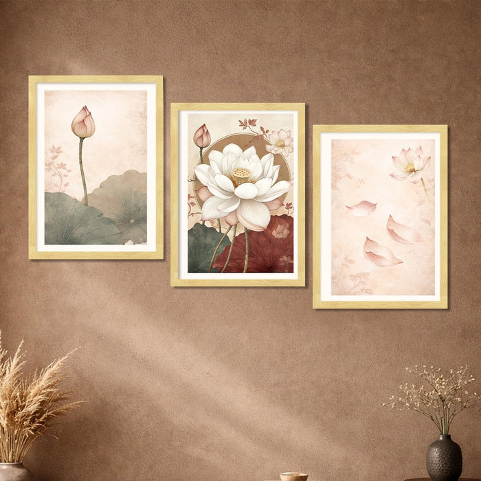 Modern Abstract Blooming Lotus A3 Framed Poster for Living Room With Frame, Abstract Floral Framed Vastu Posters for Home Decor Bedroom Hallways Office Hotel Set of 3, Size 33x45 cm