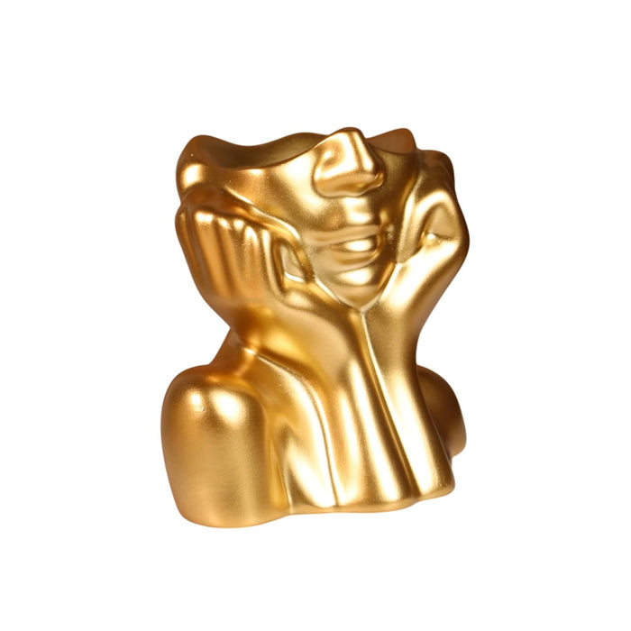 Golden Resin Face Flower Vase Handmade Human Face Shaped Pot Decorative Showpiece – 11x13 cm
