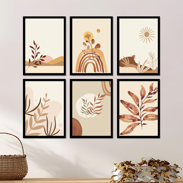Boho Landscape Framed Painting Wall Art Set of 6 | Sun, Moon & Botanical Desert Prints | Warm Earth Tones | Engineered wood Frame Wall Décor, (Size: A3)