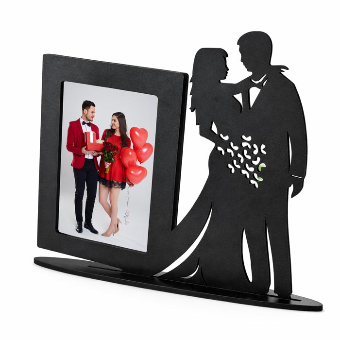 Art Street Laser Cut Couple Photo Frame for Tabletop, Love Themed Wooden 4x6 Inch Picture Frames, Romantic Valentine’s Day Gift for Couple Home Table Decor, Black MDF Photo Frame, 20x25 cm