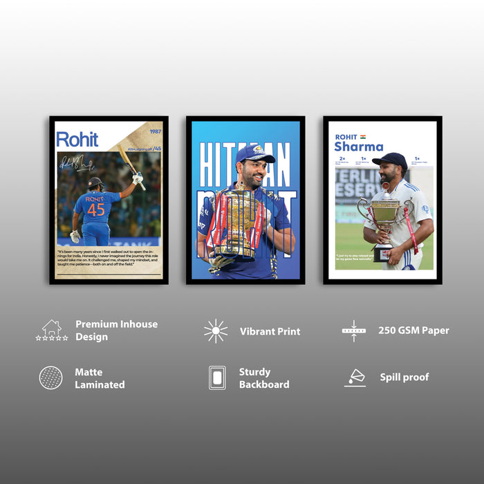 Rohit Sharma Framed Wall Poster | Hitman Indian Cricket Legend | Premium Sports Wall Art for Home & Office Decor (13.9 Inch x 17.6 Inch, Set of 3)