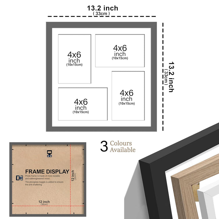 Photo Frame Collage 10x15 cm Photos Display 4 Oppenings Wall Mounting Home Décor Photo-Frame (34x34 cm)