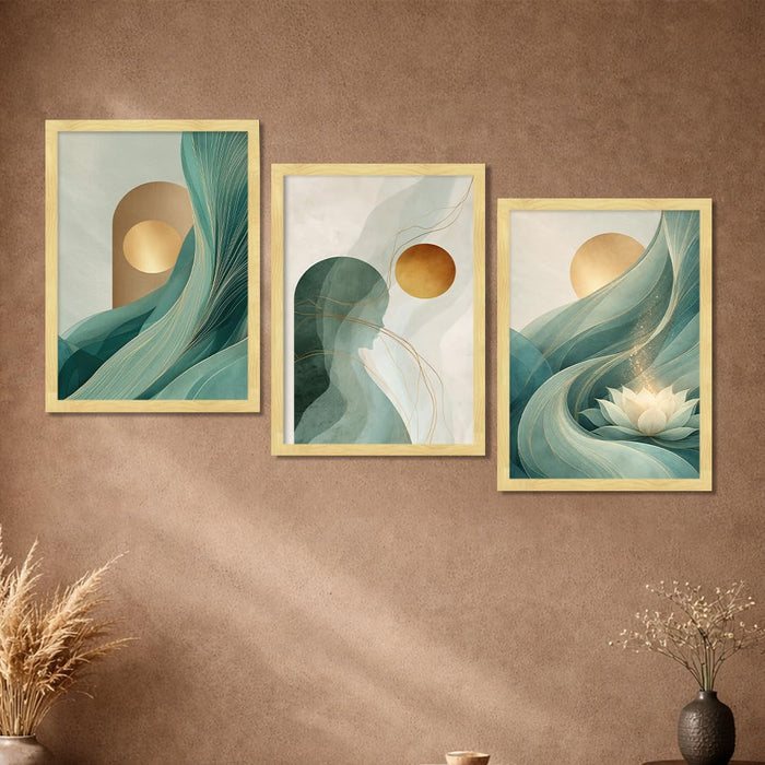 Modern Abstract Blooming Lotus A3 Framed Poster for Living Room With Frame, Luxury Abstract Geometric Moon Framed Vastu Posters for Home Decor Bedroom Hallways Office Hotel Set of 3, Size 33x45 cm