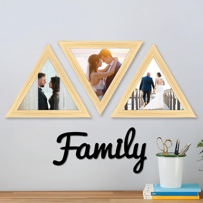 Triangular Wall Photo/Picture Frame Set of 3, and 'Family' Word, for Home (Size 9.2x9.2 Inch)