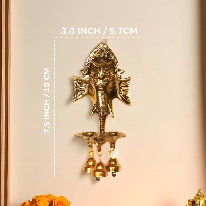 Metal Wall Hanging Ganesha Brass Finished Idol with 3 Diya Oil Lamp and 3 Bells Traditional Diwali Decoration, Brass Finished, Handcrafted Ganesha, 9.7x19 cm