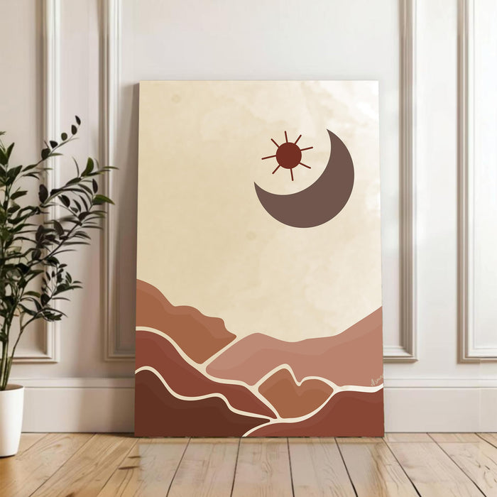Abstract Desert Moon and mountain theme Stretched Canvas Wall Art Modern Boho Illustration Painting for Home & Office Wall Decor, (16x22 Inch)