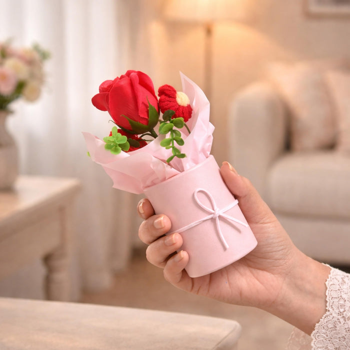 Art Street Artificial Rose & Knitted Daisy Flower Bouquet in Pink Box – Handmade Decorative Floral Arrangement for Home Décor, Office Table, & Anniversary, (Set of 2, 9x19 cm)