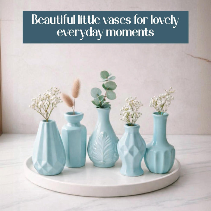 Set of 5 Light Blue Ceramic Decorative Vases for Home Decor | Modern Minimal Flower Vase Set for Living Room, Bedroom, Table & Gift