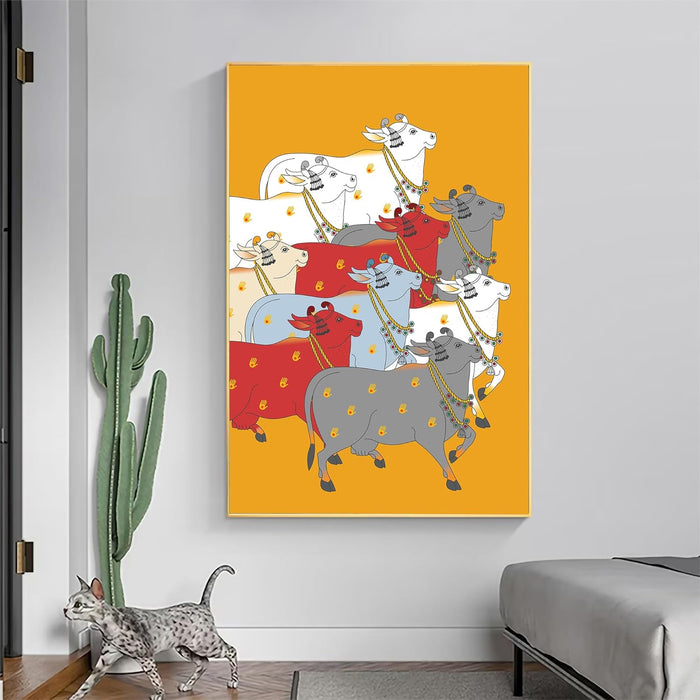 Art Street Canvas Painting Multiple Color Cow's Framed Decorative Wall Art For Living Room (Size:23x35 Inch)