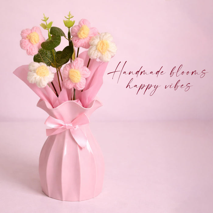 Art Street Handmade Knitted Flower Bouquet with Pink Ribbon Reusable Vase – Artificial Wool Flowers & Eucalyptus Arrangement | Home & Office Table Décor | Gift for Valentine Day