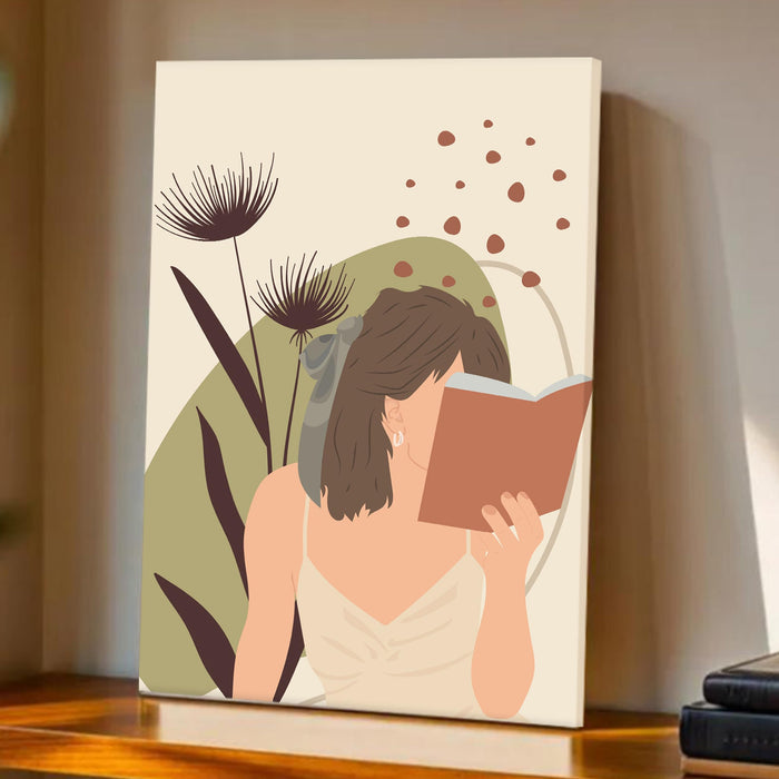 PAINTINGMANTRA Abstract Women Studying floral Stretched Canvas Wall Art Modern Boho Illustration Painting for Home & Office Wall Decor, (16x22 Inch)