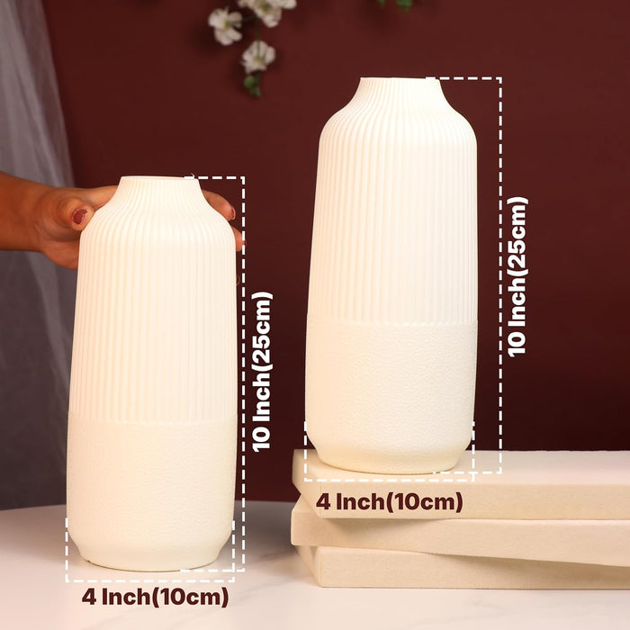 Beautiful Flower Vases for Home PVC Pot for Plants Stand Elegant Ribbed Texture White Vase Pot, Made of Durable Plastic PVC Height - 25 cm