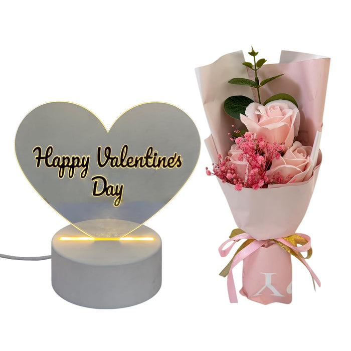 Happy Valentine Day Table Lamp Gift Combo Pack for Wife, Husband, Couples, with Pink Roses, Showpiece for Her, Girlfriend, Boyfriend