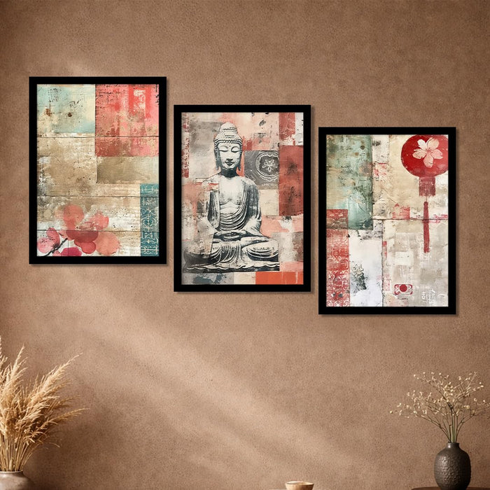 Abstract Buddha A3 Framed Painting for Living Room With Frame, Abstract Religious Floral Framed Vastu Paintings for Home Decor Bedroom Hallways Office Hotel Set of 3, Size 33x45 cm