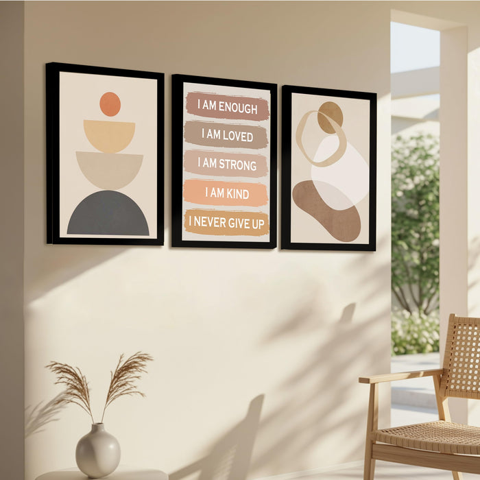 PAINTINGMANTRA Self Motivational Boho A3 Framed Posters for Living Room with Frame, I AM ENOUGH Bohemian Quotes Wall Poster for Home Decor Bedroom Hallways Office Hotel Set of 3, Size 33x45 cm
