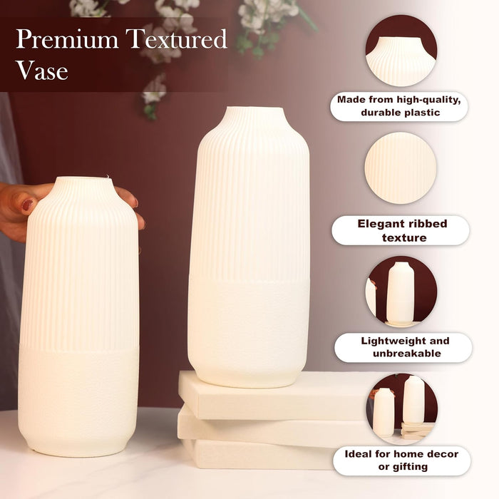 Beautiful Flower Vases for Home PVC Pot for Plants Stand Elegant Ribbed Texture White Vase Pot, Made of Durable Plastic PVC Height - 25 cm