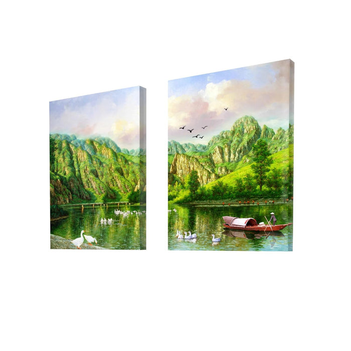 Art Street Stretched Canvas Painting Duck in the lake Mountain Landscape Printed For Living Room Decoration (Set of 2, Size: 16x22 Inch)