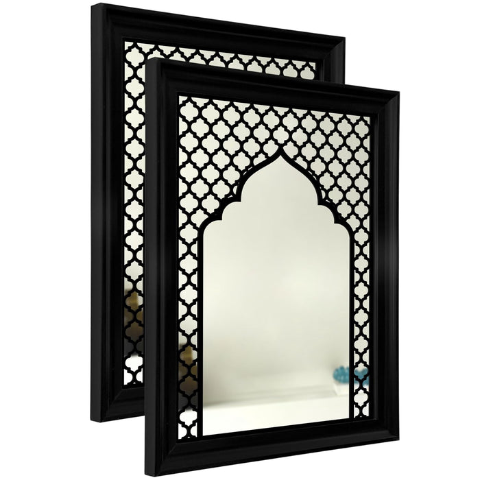 Decorative Acrylic Mirrors with Mughal Design MDF Jali Set of 2 | Two Black Jharokha Wooden Wall Mirror Panel (18x14 Inch)