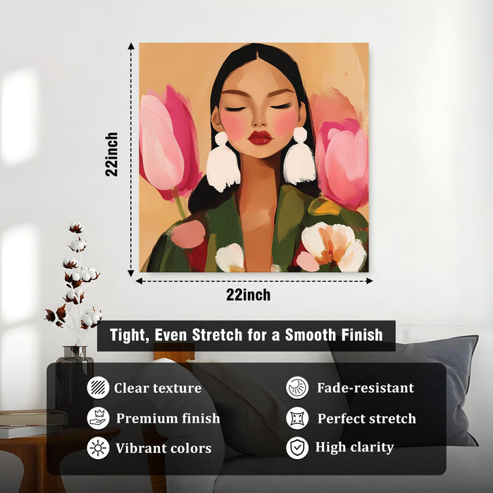 Boho & Chic Modern Woman Wall Art Painting For Living, Minimalist Floral Wall Art Stretched Canvas Painting with Large Tassel Earrings, Abstract Wall Art for Living Room & Offices (56xx56 cm)