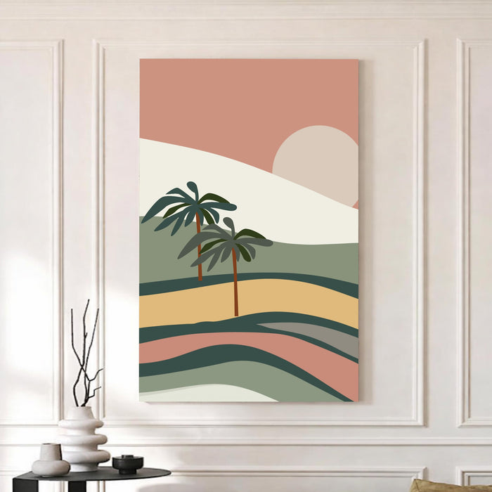 Boho Landscape Stretched Canvas Painting For Living Room | Graphic Tropical Palm Stretched Canvas Wall Art For Livingroom Home Decor, Bedroom, Hallway's, Office, Hotel - 56x86 cm