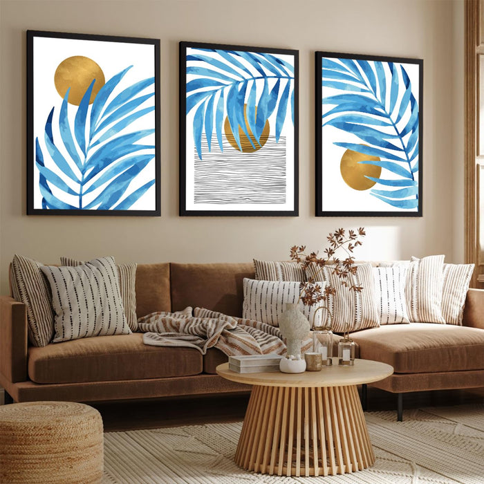 Art Street Wall Art Prints Embossed Laminated Framed, Three Amber Tropical Blue Art For Wall Décor Abstract Art (Size: 16x22 Inch)