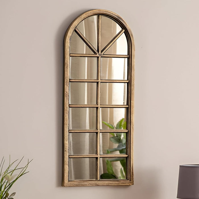 Bronze Arched Windowpane Wall Mirror Full Length Semicircular Grid Design, Rustic Wood Finish, Vintage Window Frame Style  32x76 cm