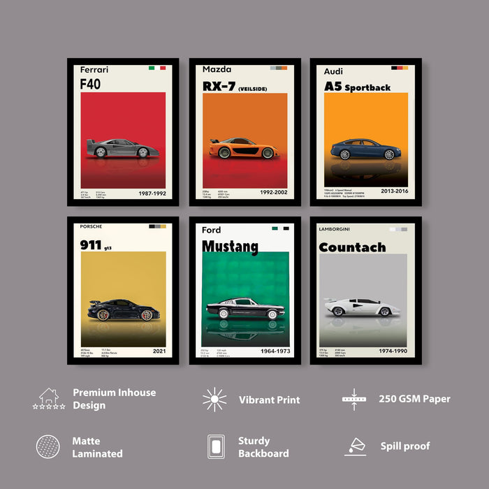 Iconic Car Painting With Frame for living room, Sports Car Framed Wall Art Painting for Home Decor Set of 6, Size 13 by 9 Inch