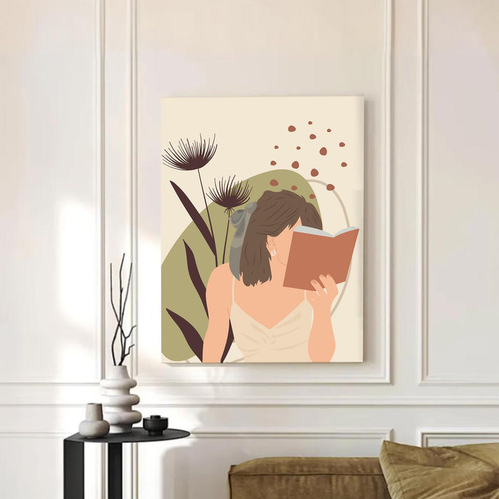 PAINTINGMANTRA Abstract Women Studying floral Stretched Canvas Wall Art Modern Boho Illustration Painting for Home & Office Wall Decor, (16x22 Inch)