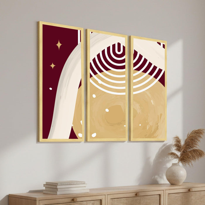 Abstract Modern Framed Wall Art Set of 3 | Geometric & Celestial Boho Wall Décor | Engineered Wood Frame Art for Living Room, Bedroom & Office, 8.9x18.9 Inch
