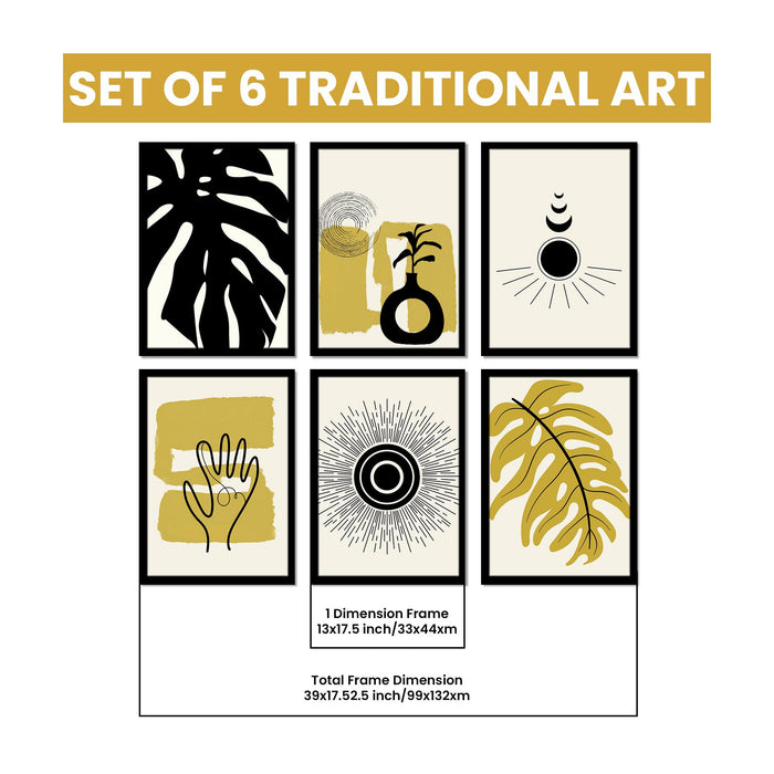 Abstract Botanical & Geometric Framed Painting Wall Art Set of 6 | Modern Neutral Prints | Beige, Brown & Black Tones | Engineered wood Frame Wall Décor, (Size: A3)