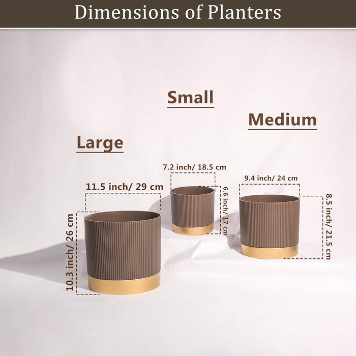 Plant Pot Pack Planter Pot Pack of 3 for Home Decor Brown Copper Indoor Outdoor with Vertical Embossed Ribbed Pattern Perfect 26x29, 21.5x24 and 17x18.5 cm