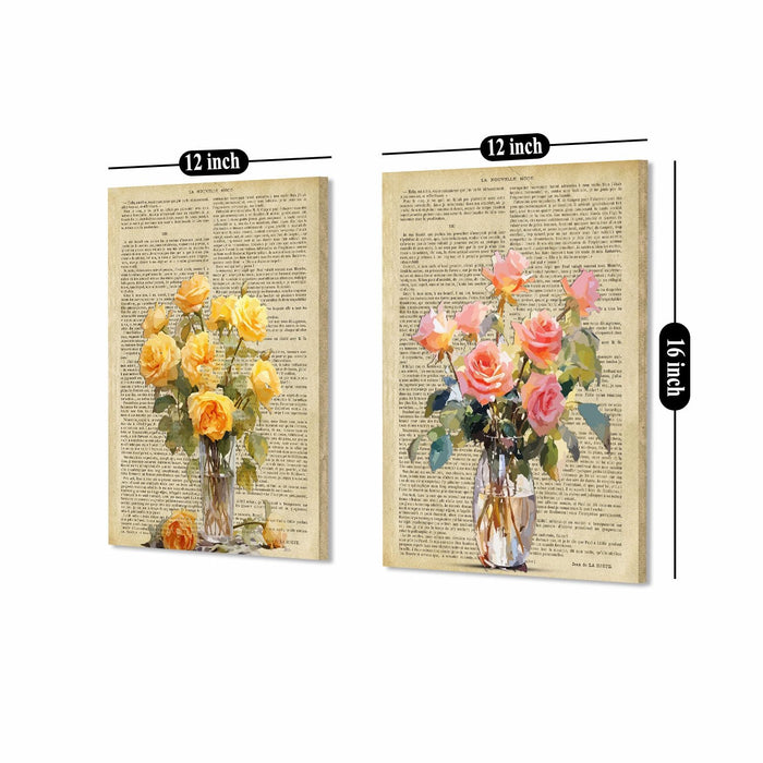 Art Street Set of 2 Stretched Canvas Painting Rose Flowers Spring Dictionary Wall Art for Home Decor, Living room, Office, Hotel & Bedroom Size (12x16 inch)