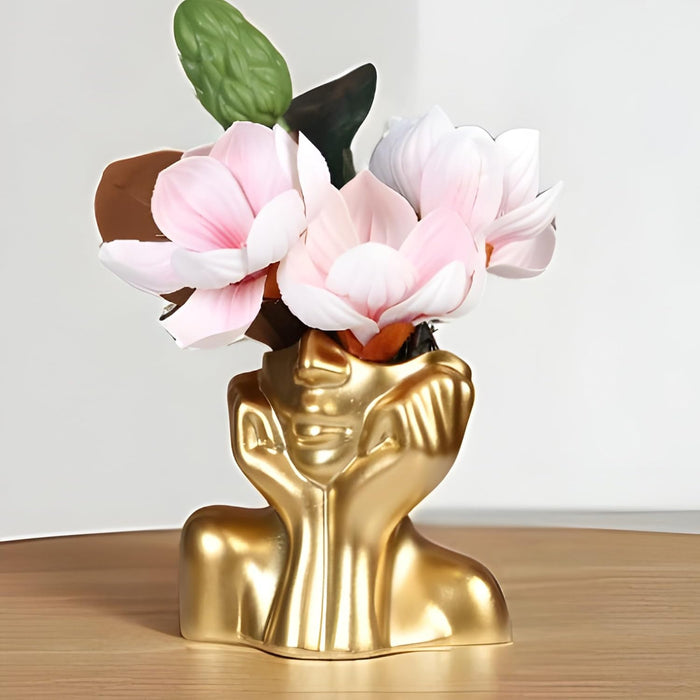 Golden Resin Face Flower Vase Handmade Human Face Shaped Pot Decorative Showpiece – 11x13 cm