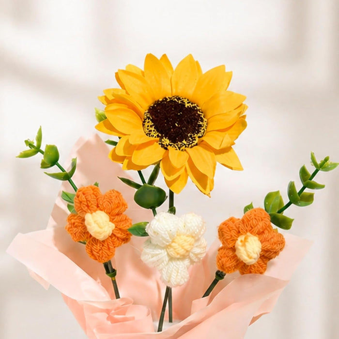 Art Street Handmade Crochet Flower Bouquet with Sunflower | Orange & White Knitted Flowers with Green Leaves, Decorative Pot with Ribbon for Home Décor, Birthday, Anniversary