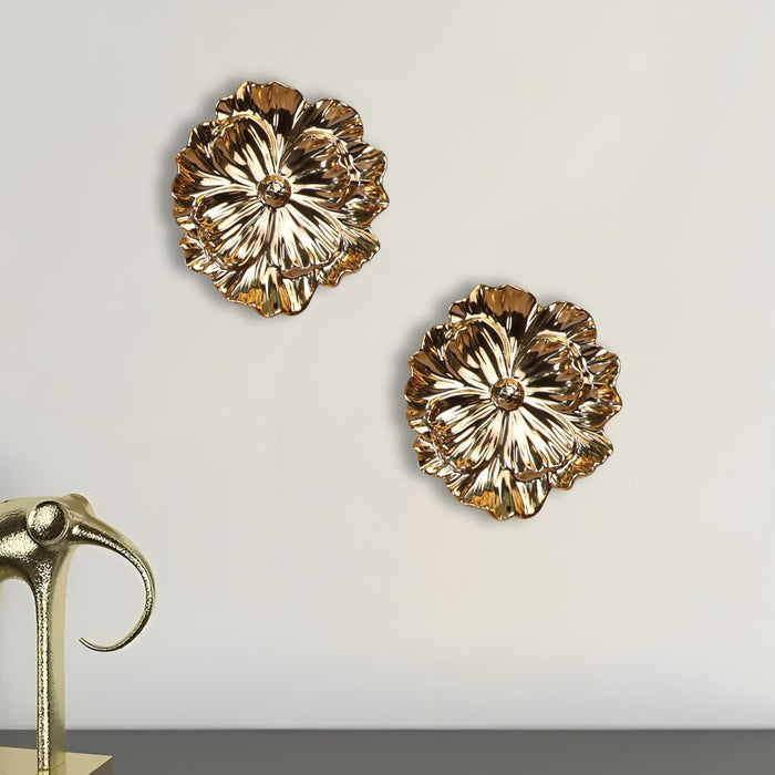 Pack of 2 Golden Floral Shape Ceramic Wall Decor Plates Handmade Round Floral Wall Hanging Decorative Items for Living Room, Bedroom, Wedding Pooja and Home Decoration – 14x14 cm