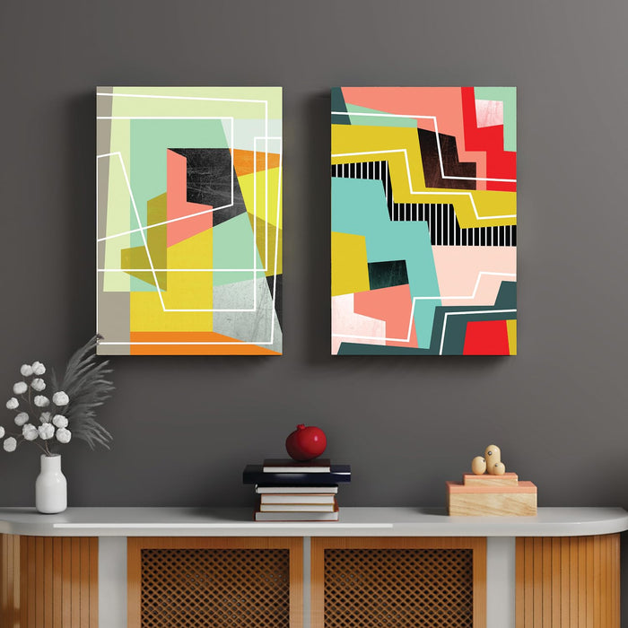 Art Street Stretched Canvas Painting Minimalist Pink & Yellow Striped For Living Room Decoration (Set of 2, Size: 16x22 Inch)