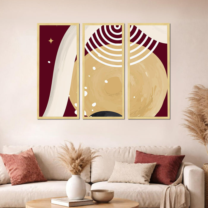 Abstract Modern Framed Wall Art Set of 3 | Geometric & Celestial Boho Wall Décor | Engineered Wood Frame Art for Living Room, Bedroom & Office, 8.9x18.9 Inch